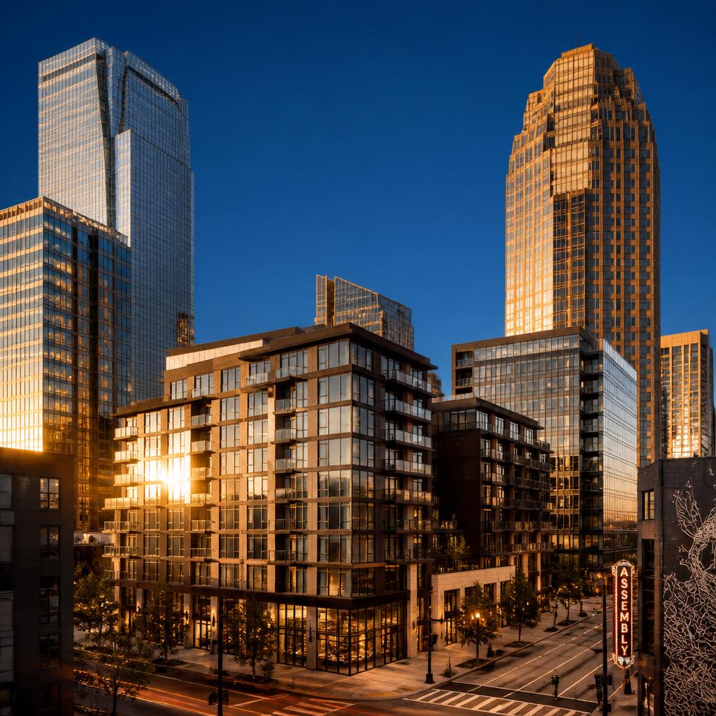 Inversión inmobiliaria — edificios multifamiliares y comerciales modernos al atardecer